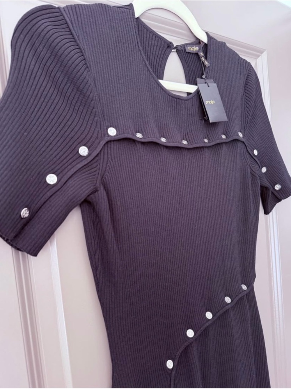 Maje Black Midi Dress with Pearl Trim